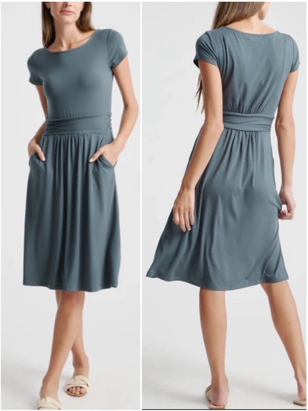 QUINCE Women’s Size L Dark Olive Tencel Jersey Short Sleeve Ruched Waist Dress